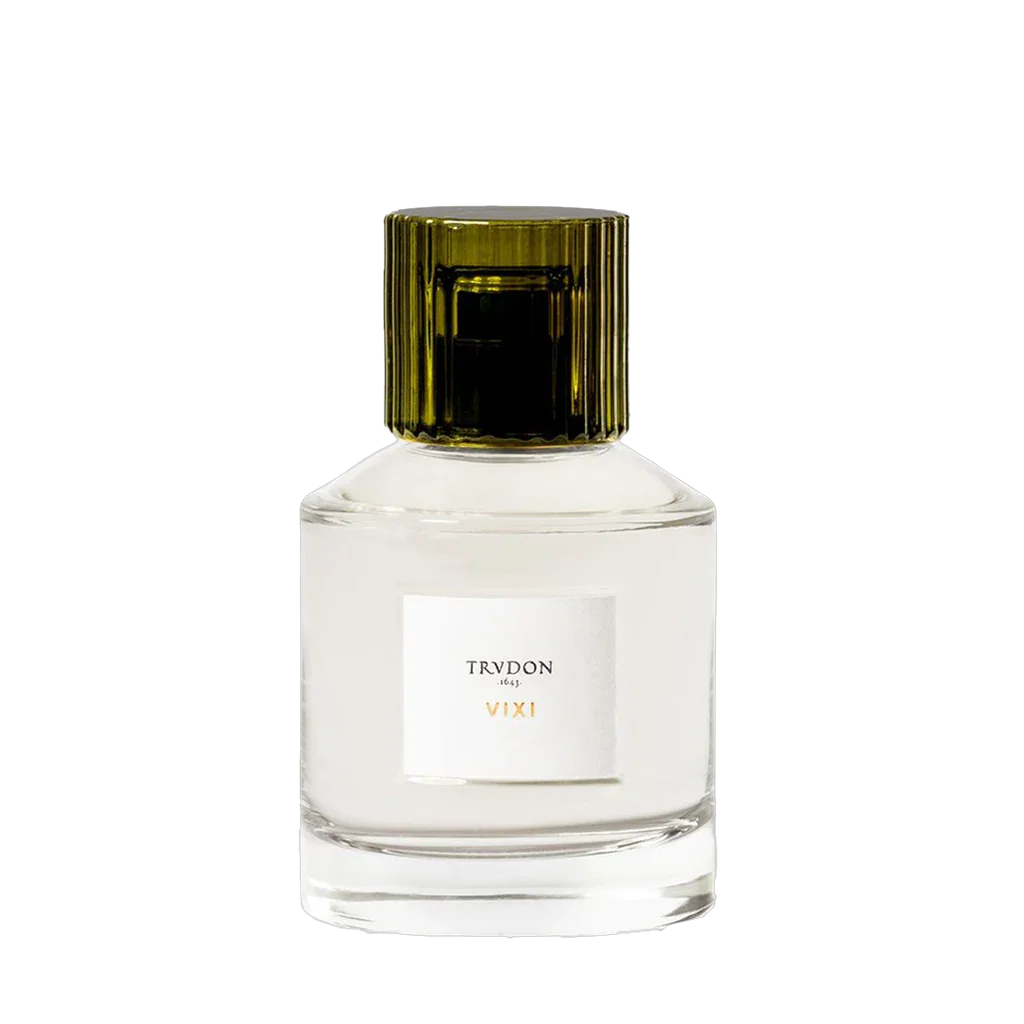 Parfümflakon "VIXI" von Trudon mit klarem Glas und grünlichem Verschluss, etikettiert mit Marke und Produktname.