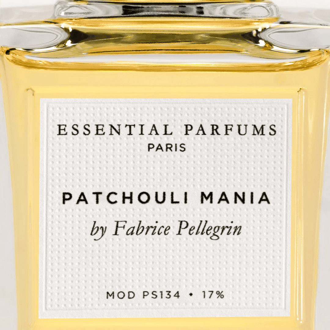 Essential Parfums Patchouli Mania von Fabrice Pellegrin Etikett auf Glasflakon