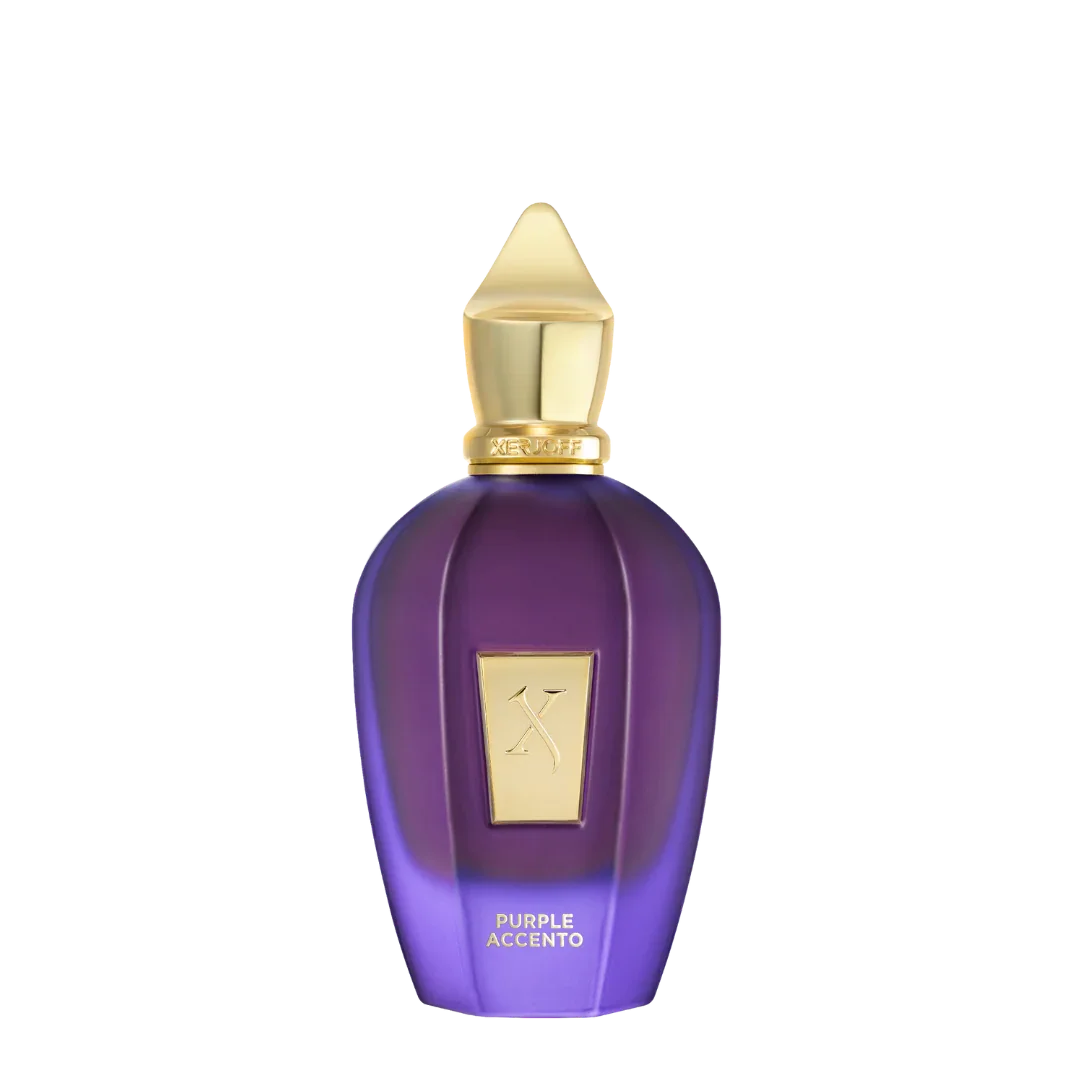 Flasche des Parfums Purple Accento von Xerjoff, lila mit goldener Verschlusskappe und Etikett.
