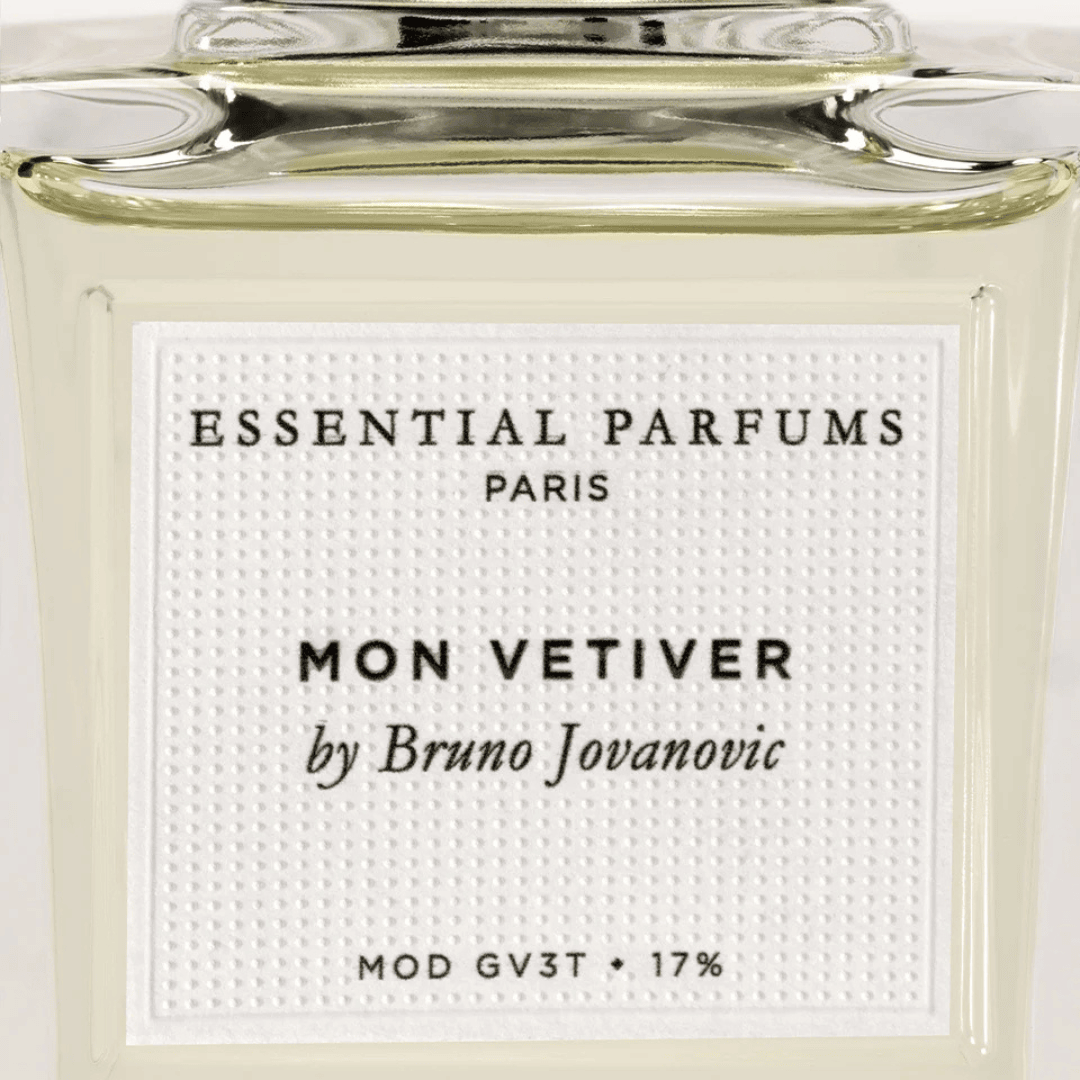 Essential Parfums Mon Vetiver von Bruno Jovanovic Etikett auf Glasflakon
