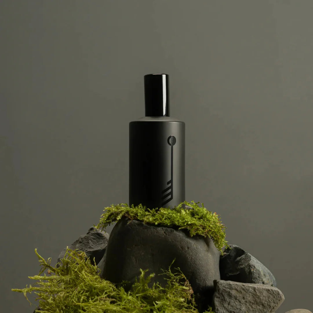 Schwarzer Flakon mit schlichtem Design, auf einem Stein mit Moos platziert. Produkt: Útilykt, Anbieter: Fischersund.