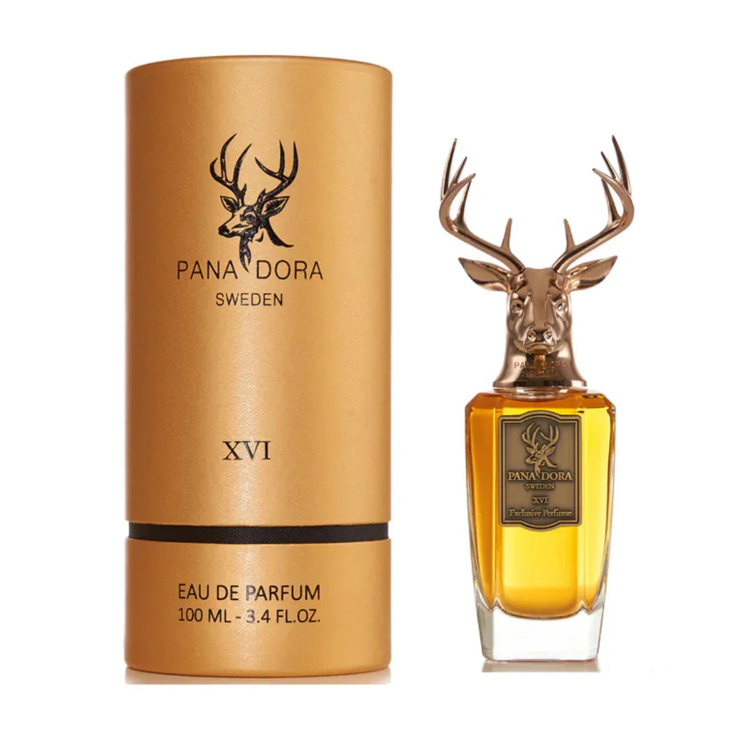 Parfümflasche "XVI" von Pana Dora. Goldene Verpackung mit schwarzem Text und Geweih-Design auf der Flasche.