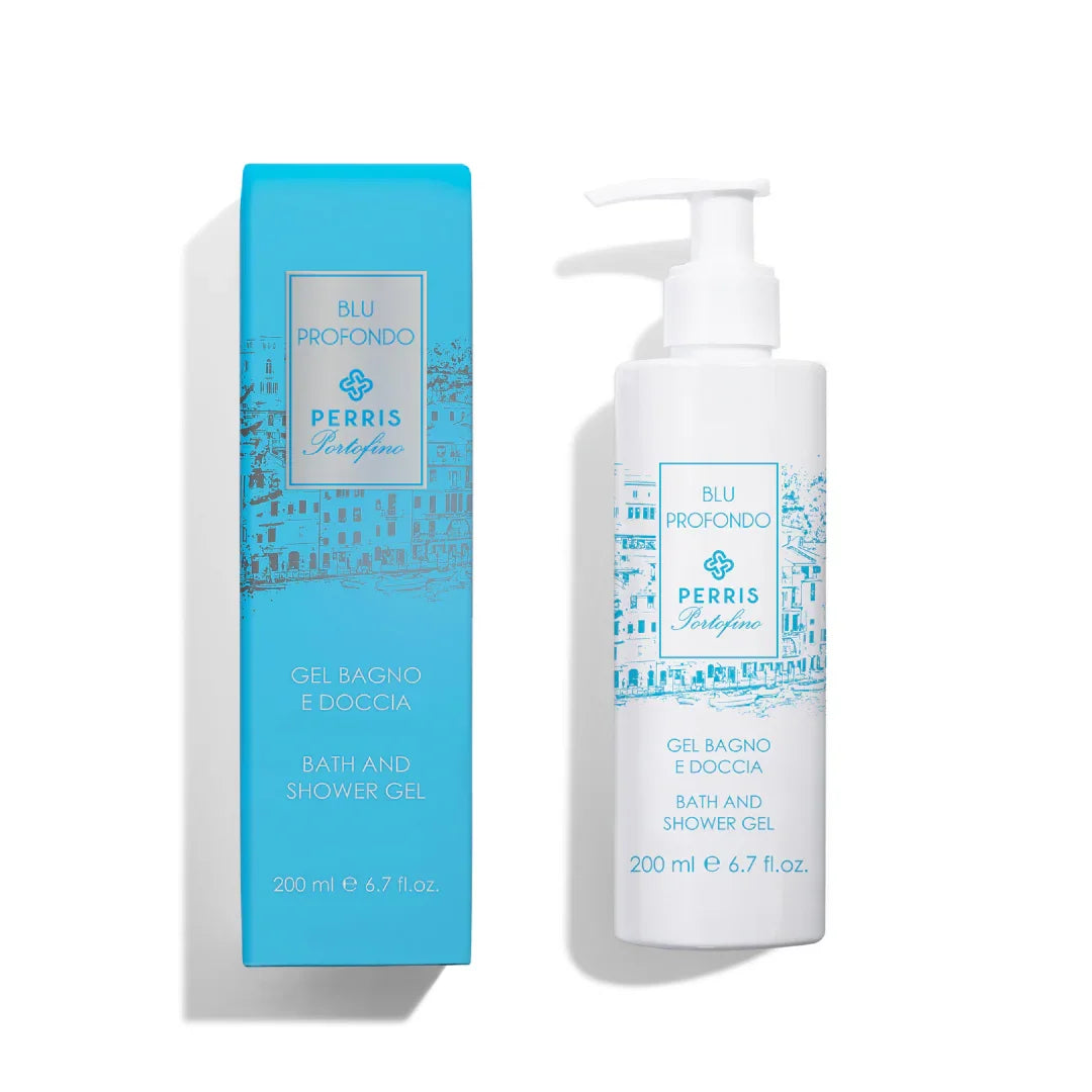 Duschgel "Perris Portofino - Blu Profondo" von "Perris Monte Carlo" mit blau-weißer Verpackung und Pumpspender.