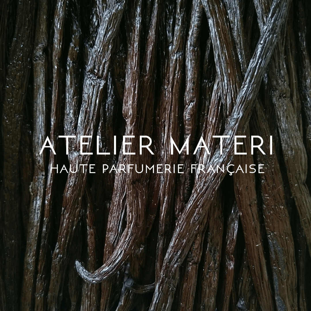 Vanilleschoten im Hintergrund zum Duft Vanille Carbon von Atelier Materi bei scent amor und Logo Atelier Materi