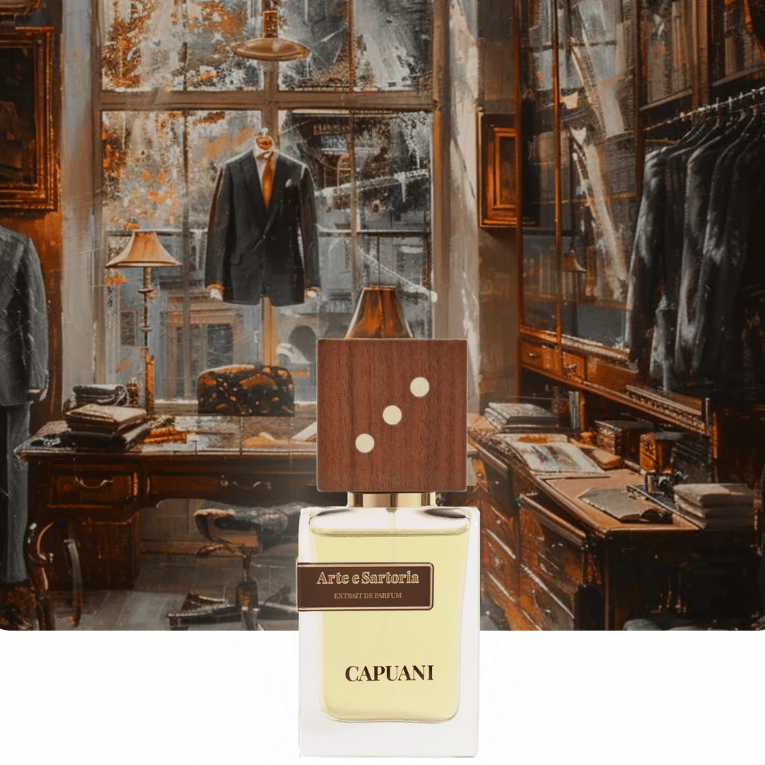 Capuani ARTE E SARTORIA Extrait de Parfum. Nischenduft Flakon vor einer italienischen Herrenschneiderei präsentiert bei scent amor deinem Fachmann für die feinen Nischenparfums
