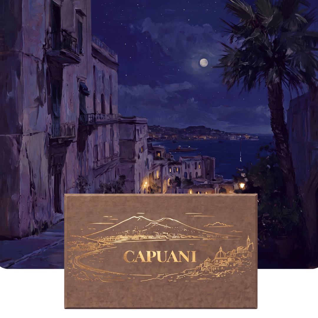 Capuani DISCOVERY SET Extrait de Parfum mit Gemälde im Hintergrund Küstenstadt bei Nacht präsentiert bei scent amor