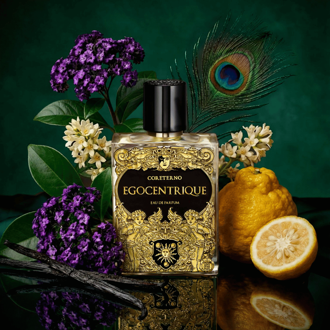 Coreterno EGOCENTRIQUE Eau de Parfum Mood Picture mit Früchten und Blüten bei scent amor Fachmann für nischenparfums