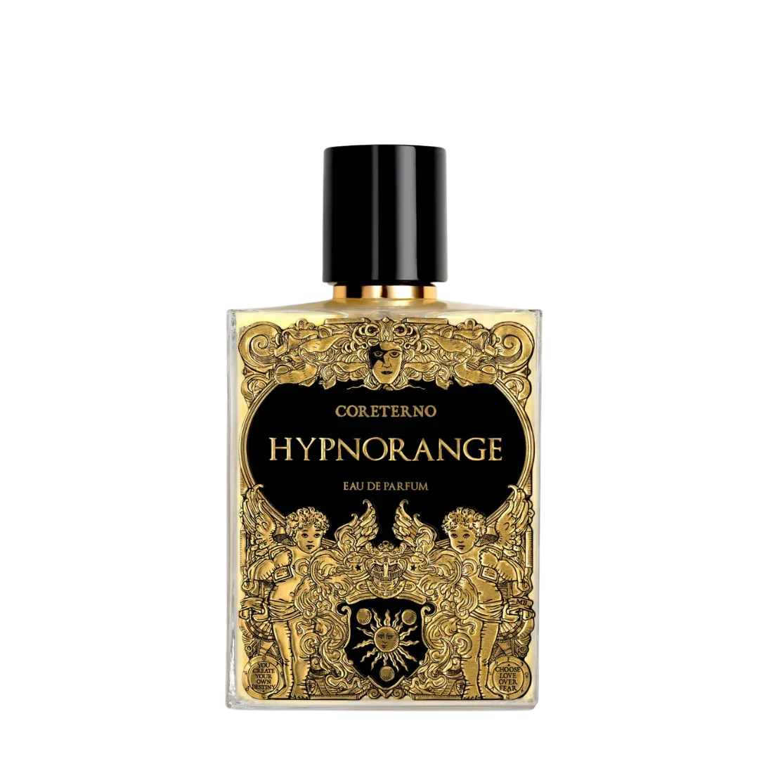 Der Flakon von Hypnorange Extrait de Parfum von Coreterno strahlt mit seinem mystischen Design auf einem transparentem Hintergrund - erhältlich bei scent amor