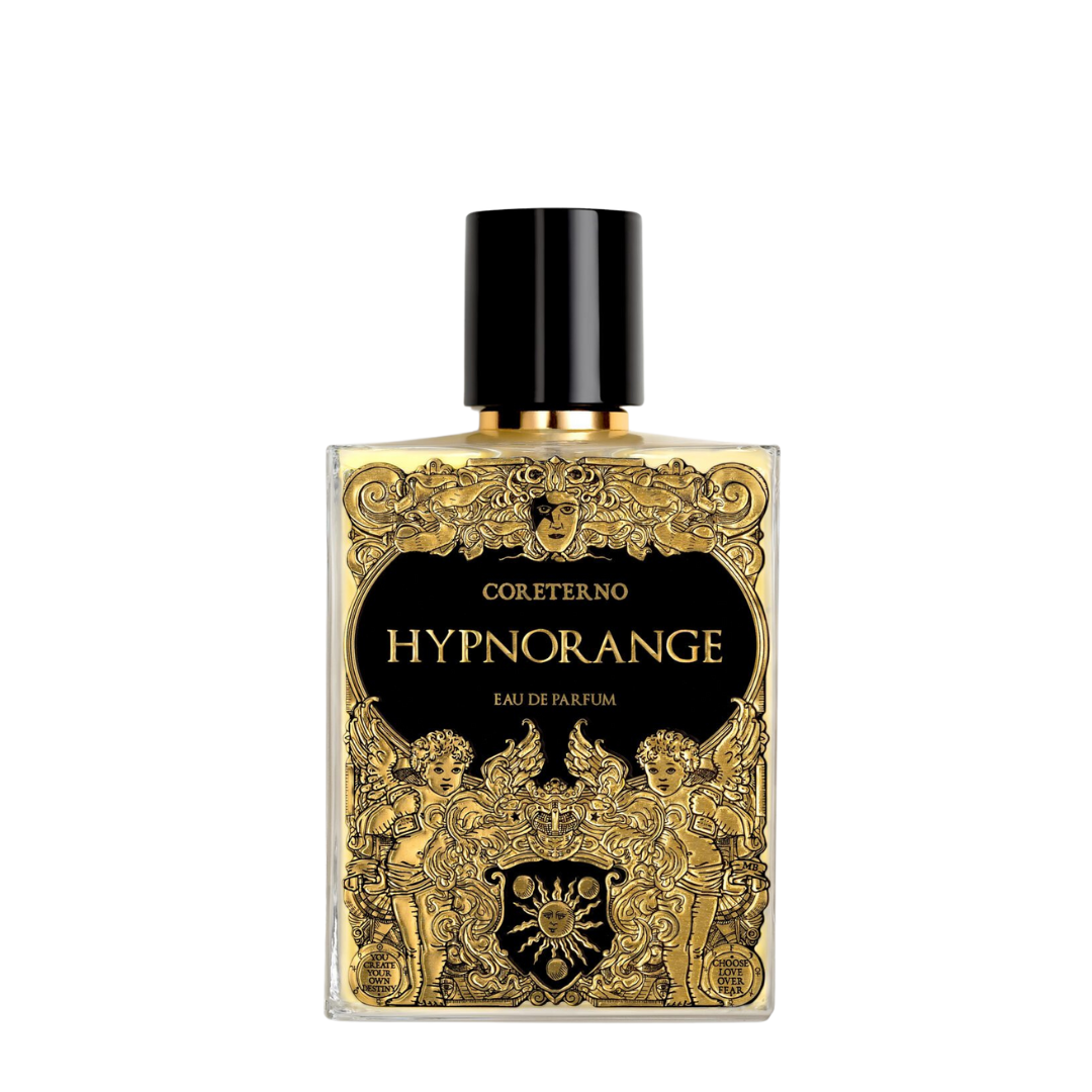 Der Flakon von Hypnorange Extrait de Parfum von Coreterno strahlt mit seinem mystischen Design auf einem transparentem Hintergrund - erhältlich bei scent amor