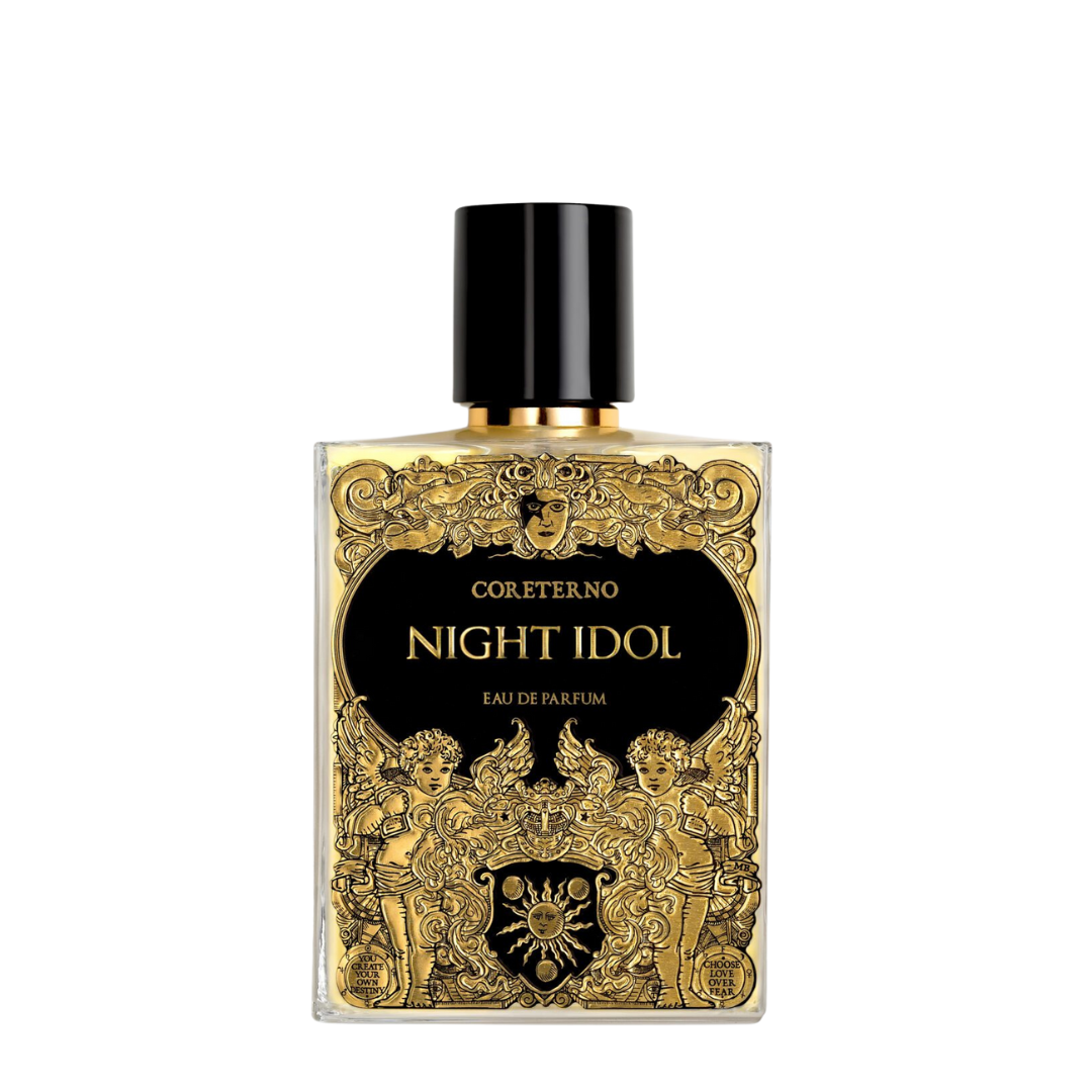 Künstlerisch gestalteter Flakon von Coreterno mit dem Eau de Parfum Night Idol auf transparentem Hintergrund - ein eleganter Nischenduft bei scent amor erhältlich