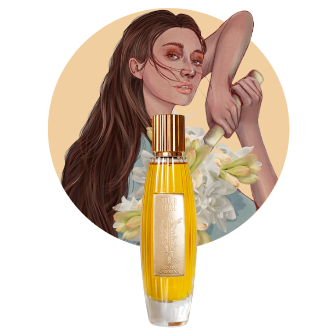 Eleganter Nischenduft von Cristian Cavagna: Bianca Forte, ein intensives Extrait de Parfum - präsentiert von scent amor vor gezeichneter Frau mit Blumenstrauß