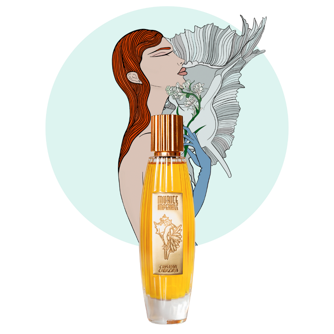 Cristian Cavagna Murice Imperiale, intensives Extrait de Parfum - ein Duft mit Tiefe und Stil, erhältlich bei scent amor, abgebildet vor gezeichneter Frau