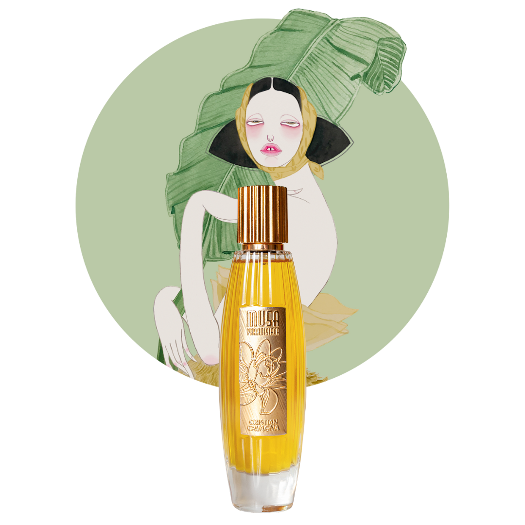 Musa Paradisiaca, sinnlicher Extrait de Parfum von Cristian Cavagna - ein edler Nischenduft bei scent amor, dargestellt vor gezeichneter Frau mit Blatt