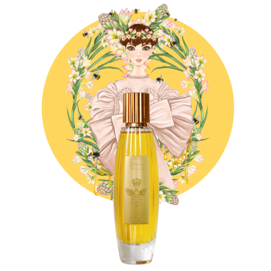 Cristian Cavagna, Regine Vergine, elegantes Extrait de Parfum mit Charakter - erhältlich bei scent amor, präsentiert vor gezeichneter Frau von Blumen umgeben