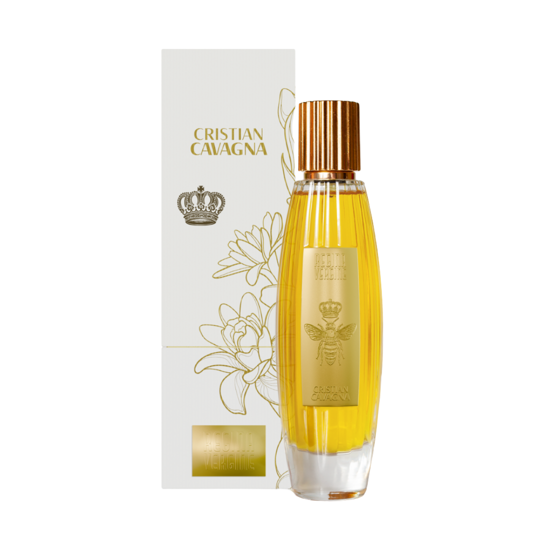 Regina Vergine, Extrait de Parfum von Cristian Cavagna, luxuriös und ausdrucksstark - erhältlich bei scent amor, gezeigt neben Verpackung