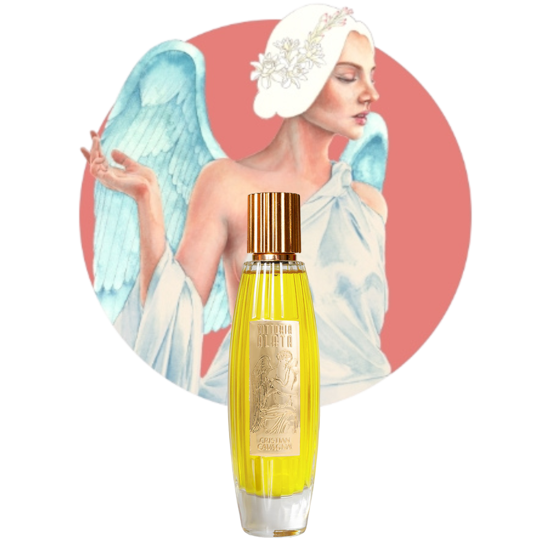 Vittoria Alata von Cristian Cavagna, ein luxuriöses Extrait de Parfum - erhältlich bei scent amor, gezeigt vor gezeichneter Frau mit Engelsflügeln