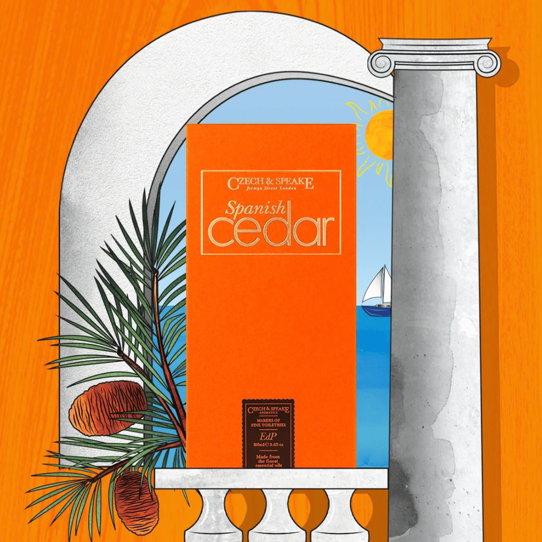 Czech & Speake Spanish Cedar Eau de Parfum vor einem gemalten Motiv mit Torbogen präsentiert bei scent amor Fachmann für Nischenduft