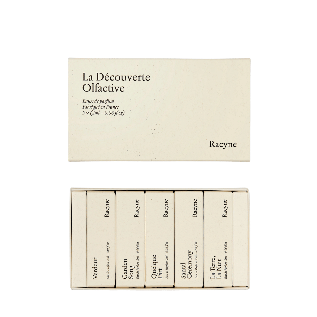 RACYNE Discovery Set la Decouverte Olfactive mit Verdeur, Garden Song, Quelque Part, Santal Ceremony und La Terre, La Nuit Eau de Parfums bei scent amor