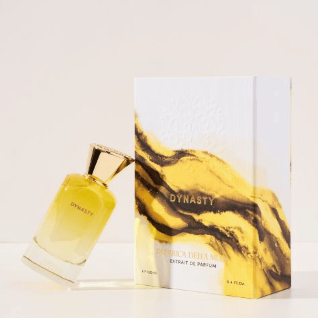 Fabbrica Della Musa DYNASTY Extrait de Parfum Nischenduft Flakon lehnt schräg an der Box bei scent amor Fachmann für die feinen Nischenparfums