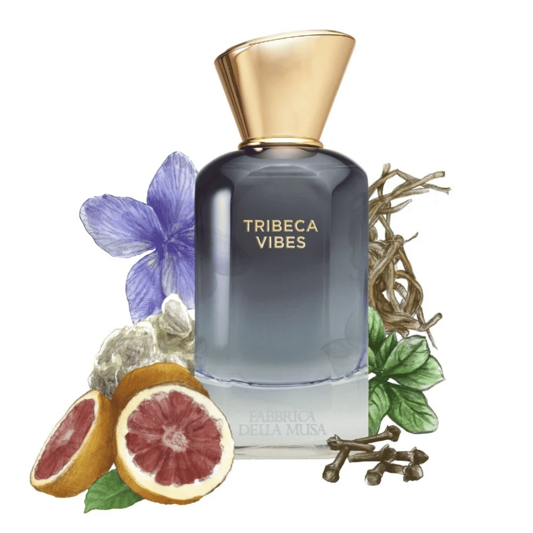 Fabbrica Della Musa TRIBECA VIBES Extrait de Parfum Nischenduft Flakon mit den Duftrohstoffen umgeben beim Fachmann für Nischenparfum scent amor