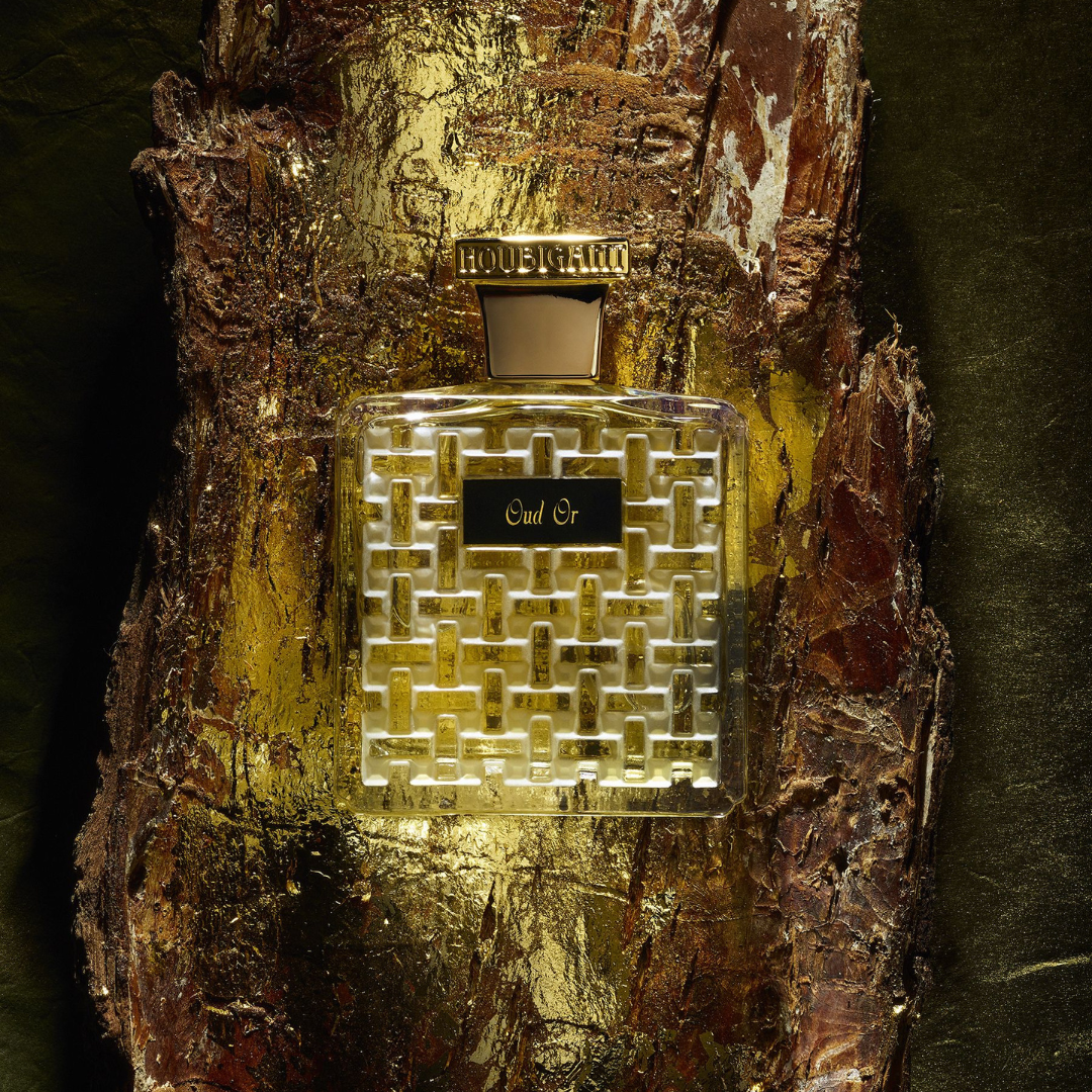 Houbigant Paris OUD OR Eau de Parfum Mood Flakon auf vergoldetem Holz scent amor