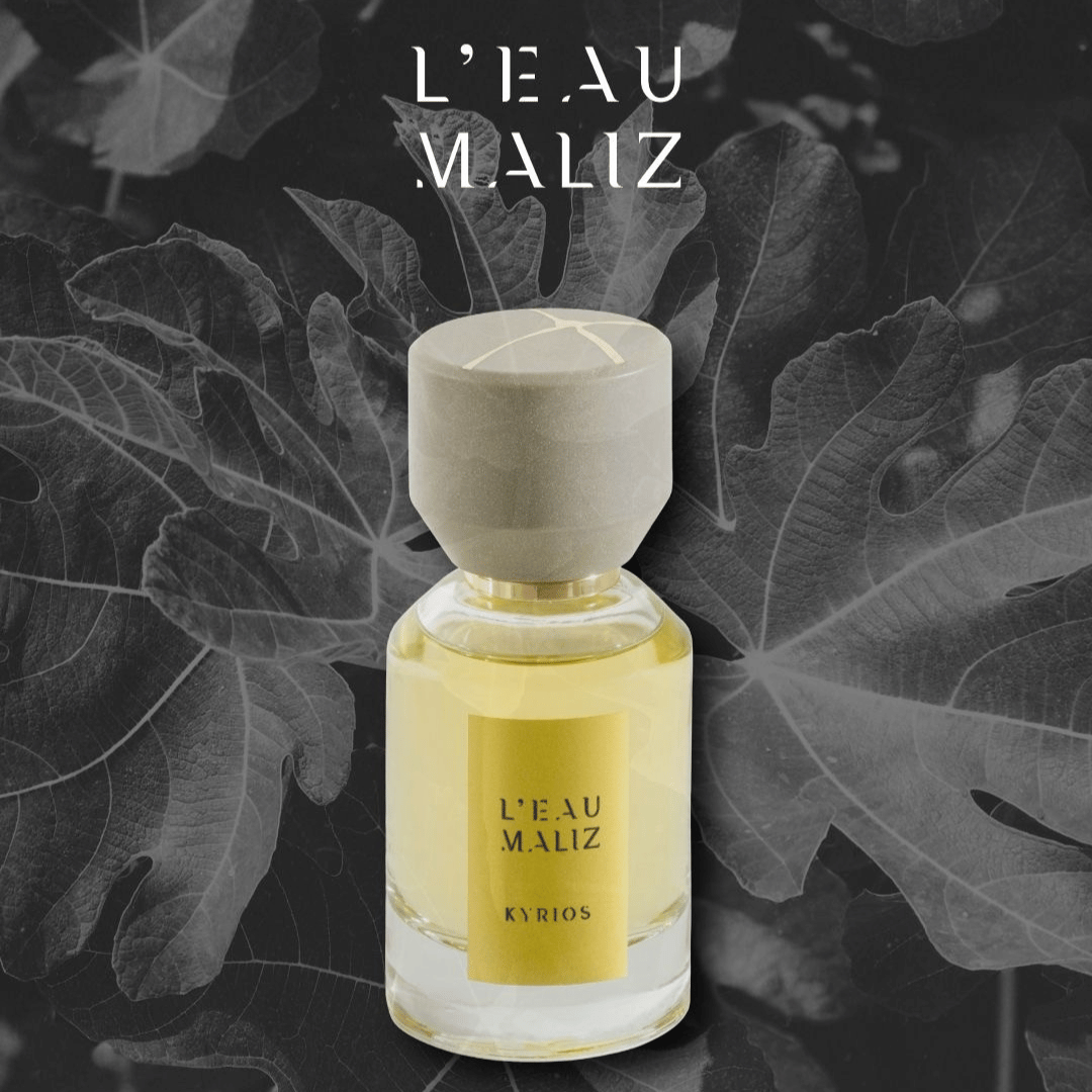 Kyrios Eau de Parfum L'Eau de Maliz Nischenduft bei  scent amor deinem Fachmann für feines Nischenparfum vor einem Feigenblatt in schwarz weiss