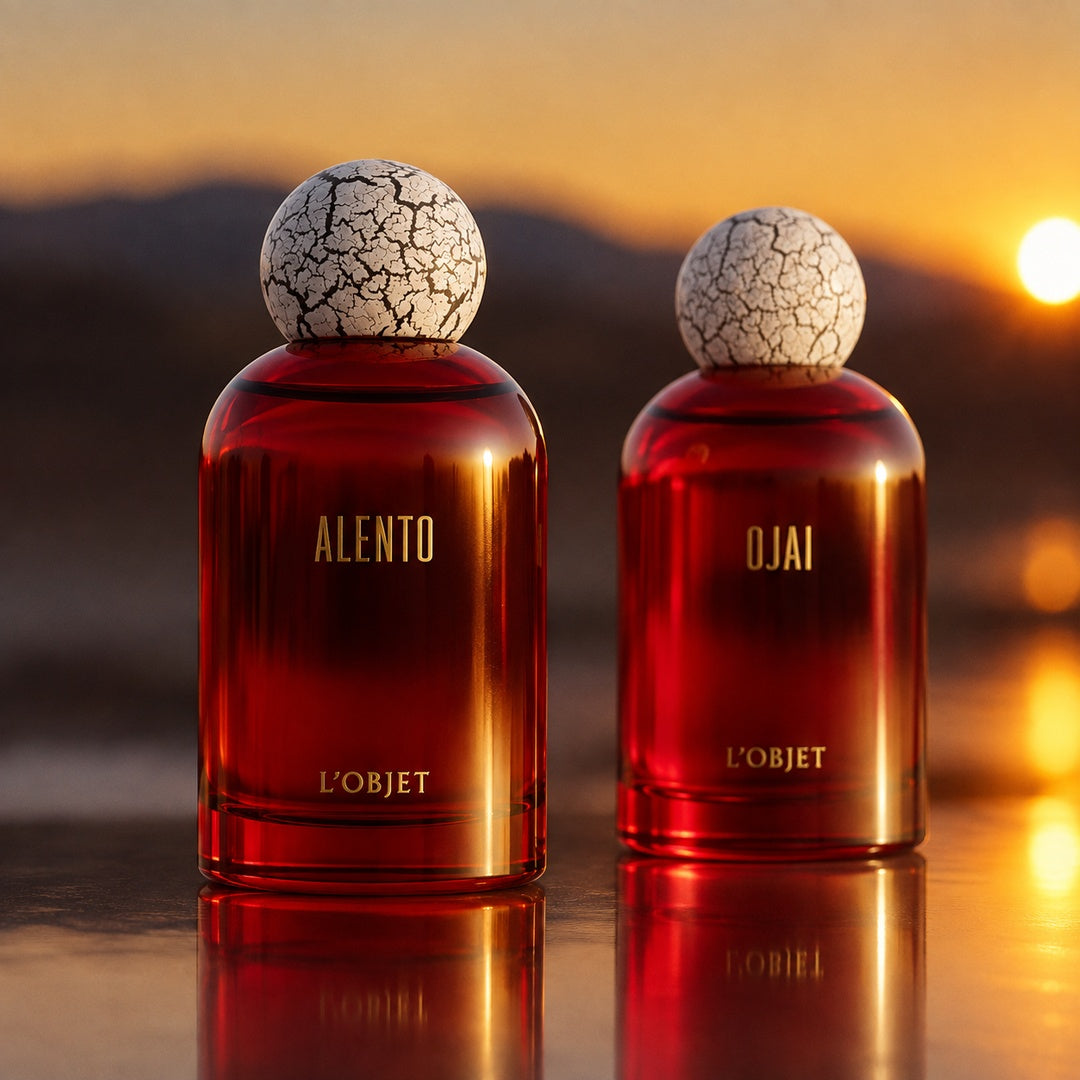 L’OBJET ALENTO Eau de Parfum mit OJAI präsentiert bei scent amor im Abendlicht der Sonne