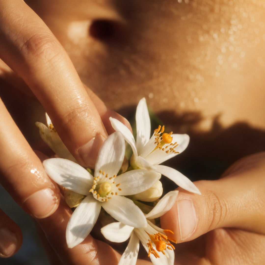 L’OBJET ALENTO Eau de Parfum Jasminblüten in einer Frauenhand