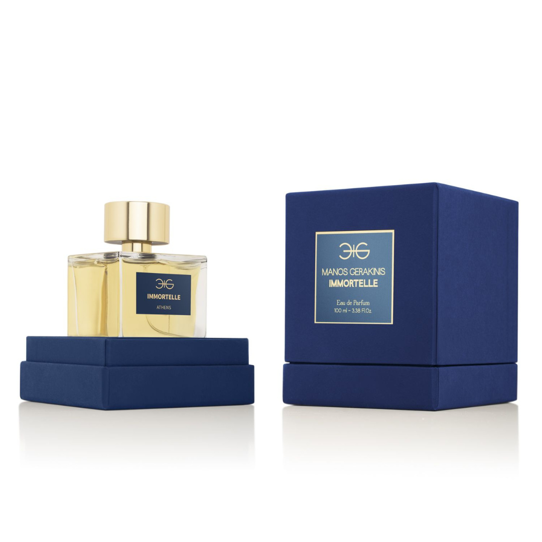 Immortelle Eau de Parfum von Manos Gerakinis bei scent amor – elegantes Duft-Arrangement mit offener Box und Flakon 
