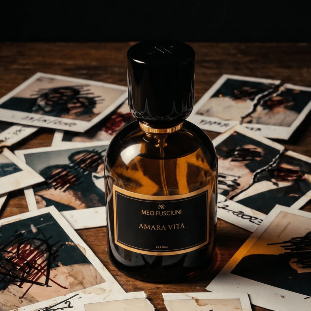 Meo Fusciuni – AMARA VITA – Parfum auf Holztisch zwischen Fotos bei scent amor Fachmann für feine Nischenparfums