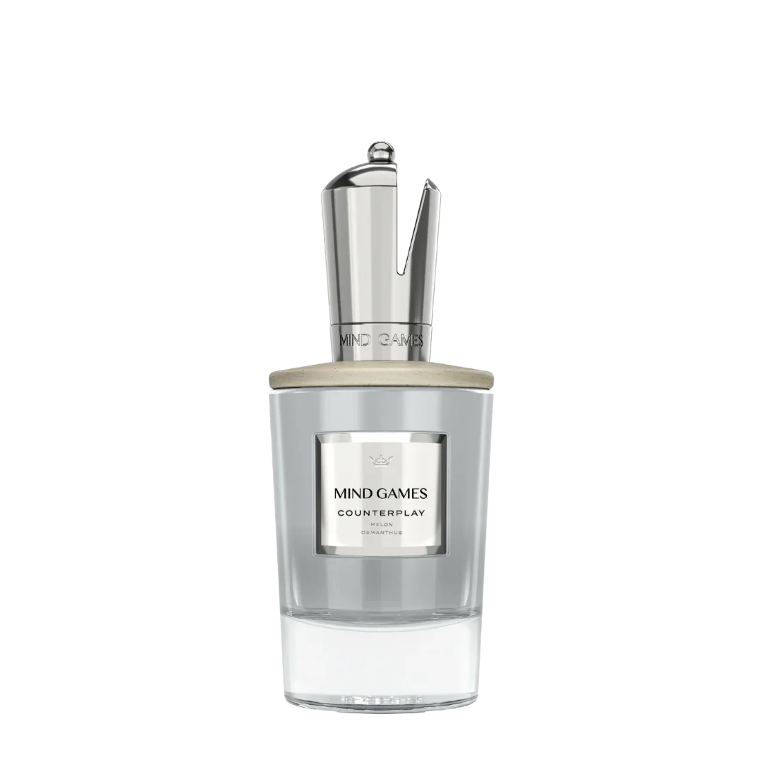 Flakon des "Counterplay" Eau de Parfum von Mind Games, mit silbernem Verschluss und transparentem Glasflakon.