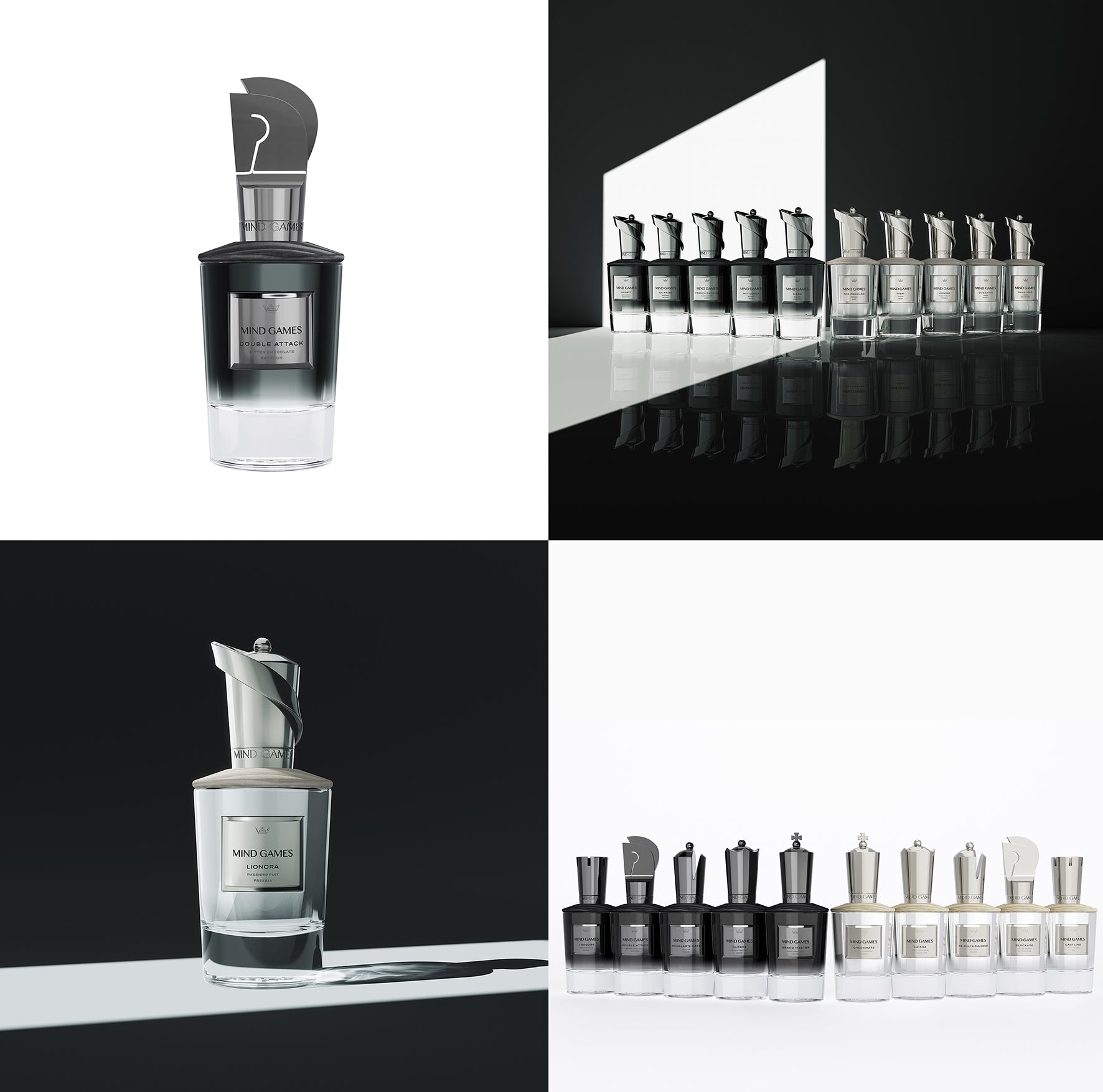 Vier Abbildungen von Luxusparfümflaschen, jede mit einem skulpturalen, schachbrettartigen Verschluss, in Schwarz- und Weißtönen präsentiert bei scent amor Fachmann für Nischenduft