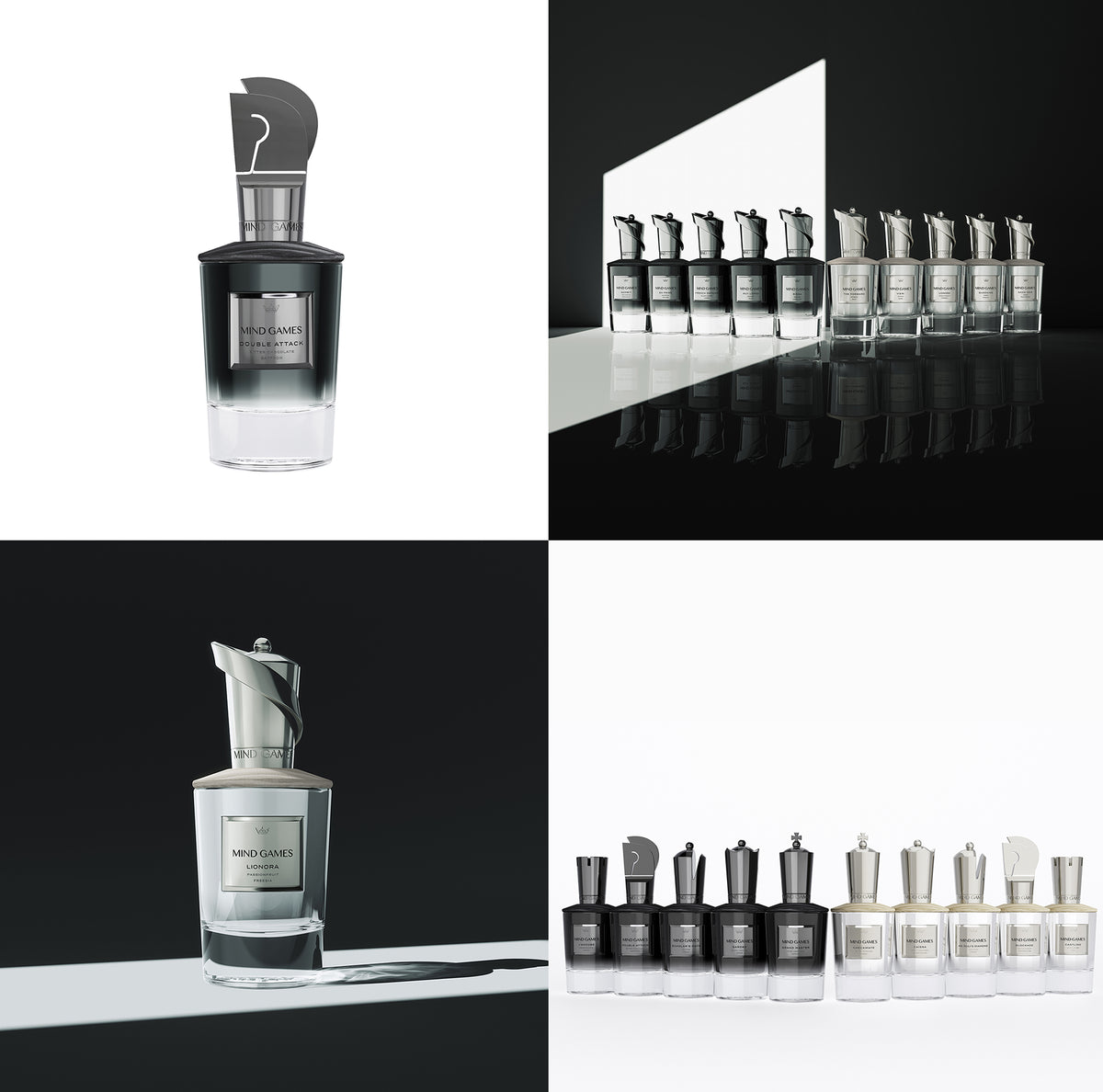 Vier Abbildungen von Luxusparfümflaschen, jede mit einem skulpturalen, schachbrettartigen Verschluss, in Schwarz- und Weißtönen präsentiert bei scent amor Fachmann für Nischenduft