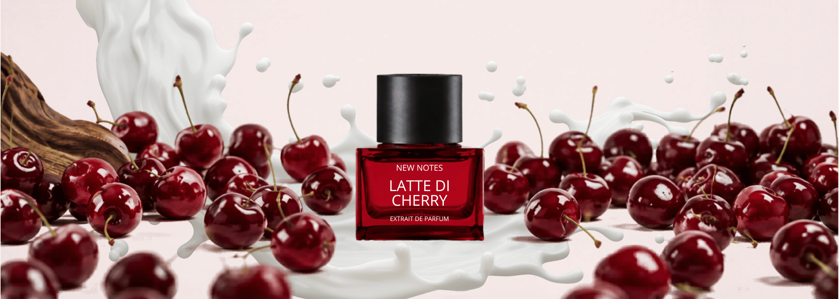 New Notes Latte di Cherry Extrait de Parfum bei scent amor deinem Fachmann für feine Nischendüfte. Mood Picture mit Kirschen und flüssiger Sahne und dem Nischenparfum Flakon
