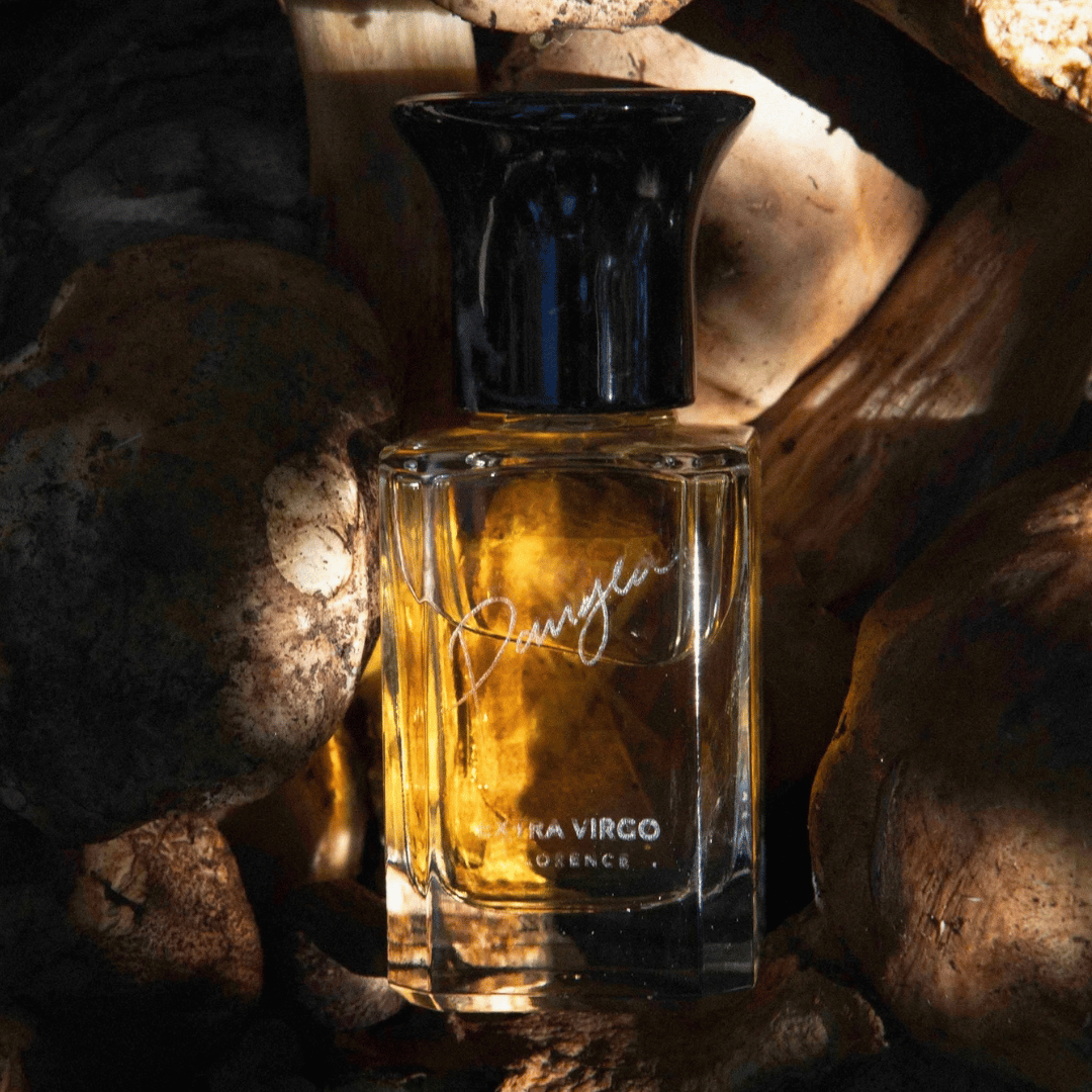 Extra Virgo PANGEA Extrait de Parfum mit Waldpilzen im Hintergrund bei scent amor