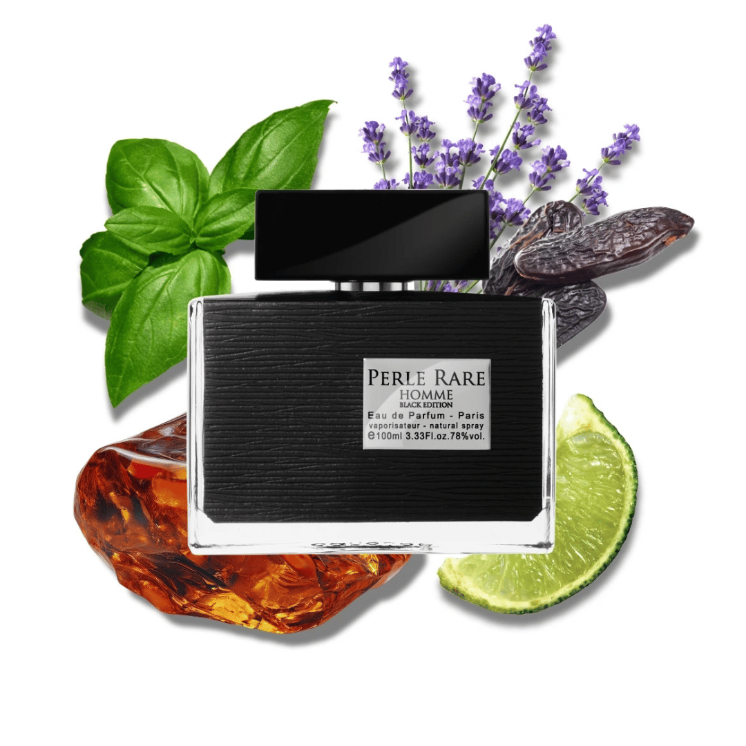 Panouge Paris – PERLE RARE HOMME BLACK Eau de Parfum Flakon vor den Duftzutaten bei scent amor Fachmann für Nischenparfum