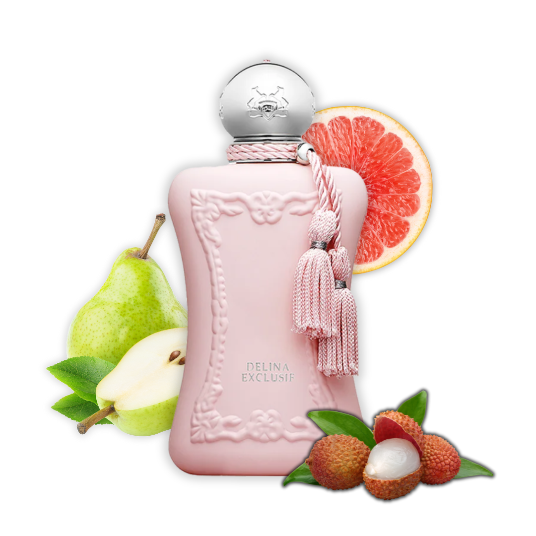 Parfums de Marly Delina Exclusif Eau de Parfum – der Flakon steht vor den fruchtigen Ingredients Birne, Grapefruit und Lychee, ein Bild voller Frische und Exotik – erlebe es bei scent amor