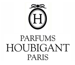 Black logo with an H in an oval and text: Parfums Houbigant Paris below it at scent amor