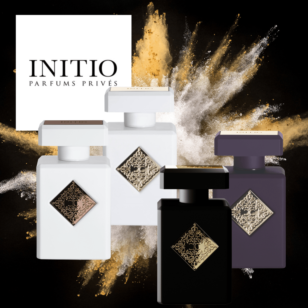 Initio Parfums Prives Logo mit vier Nischenduft Flakon von Initio vor eine Pulverexplosion in Gold und Weiß bei scent amor deinem Fachmann für die besten Nischenparfums