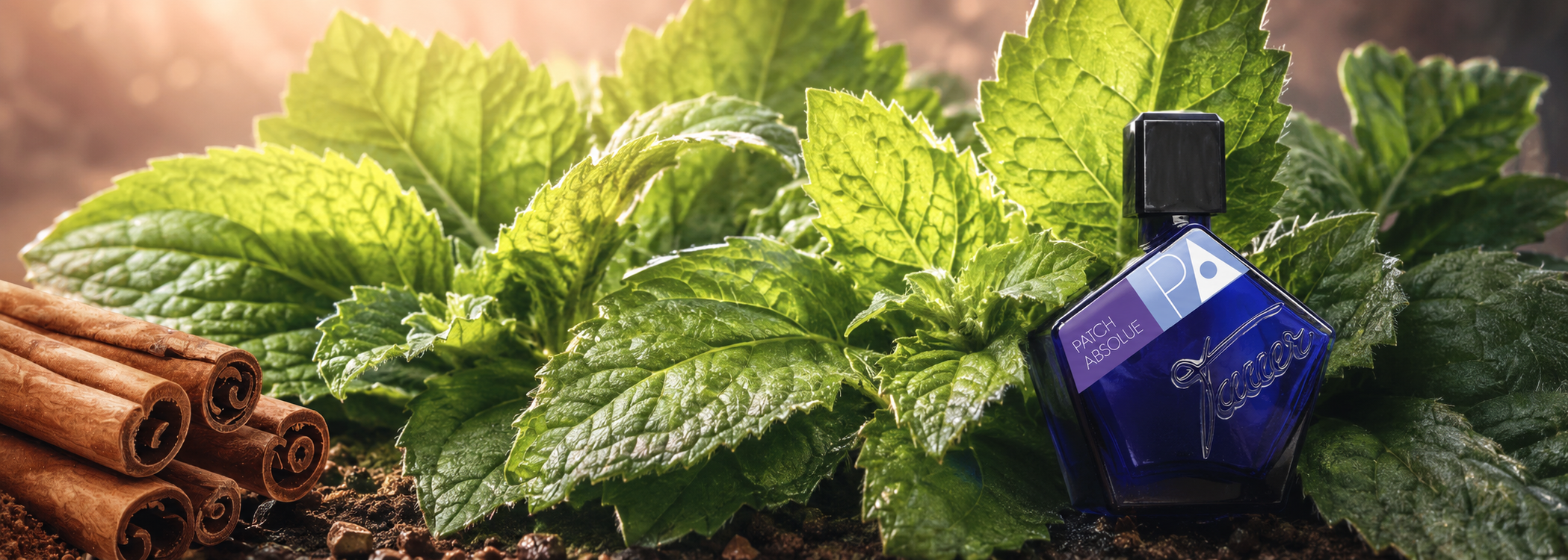 PATCH ABSOLUE von Andy Tauer zeigt Patchouli mit Überzeugung auf Patchouli Blättern und Zimtrinde bei scent amor deinem Spezialisten für feine Nischenparfums