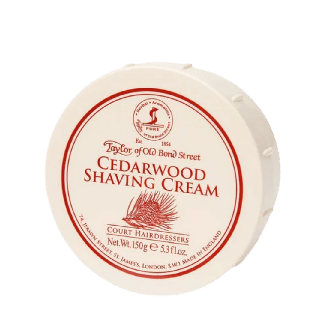 CEDARWOOD Shaving Cream Bowl von Taylor of Old Bond Street – klassische Rasurpflege mit moderner Holzigkeit präsentiert bei scent amor in Dose mit rotem Aufdruck