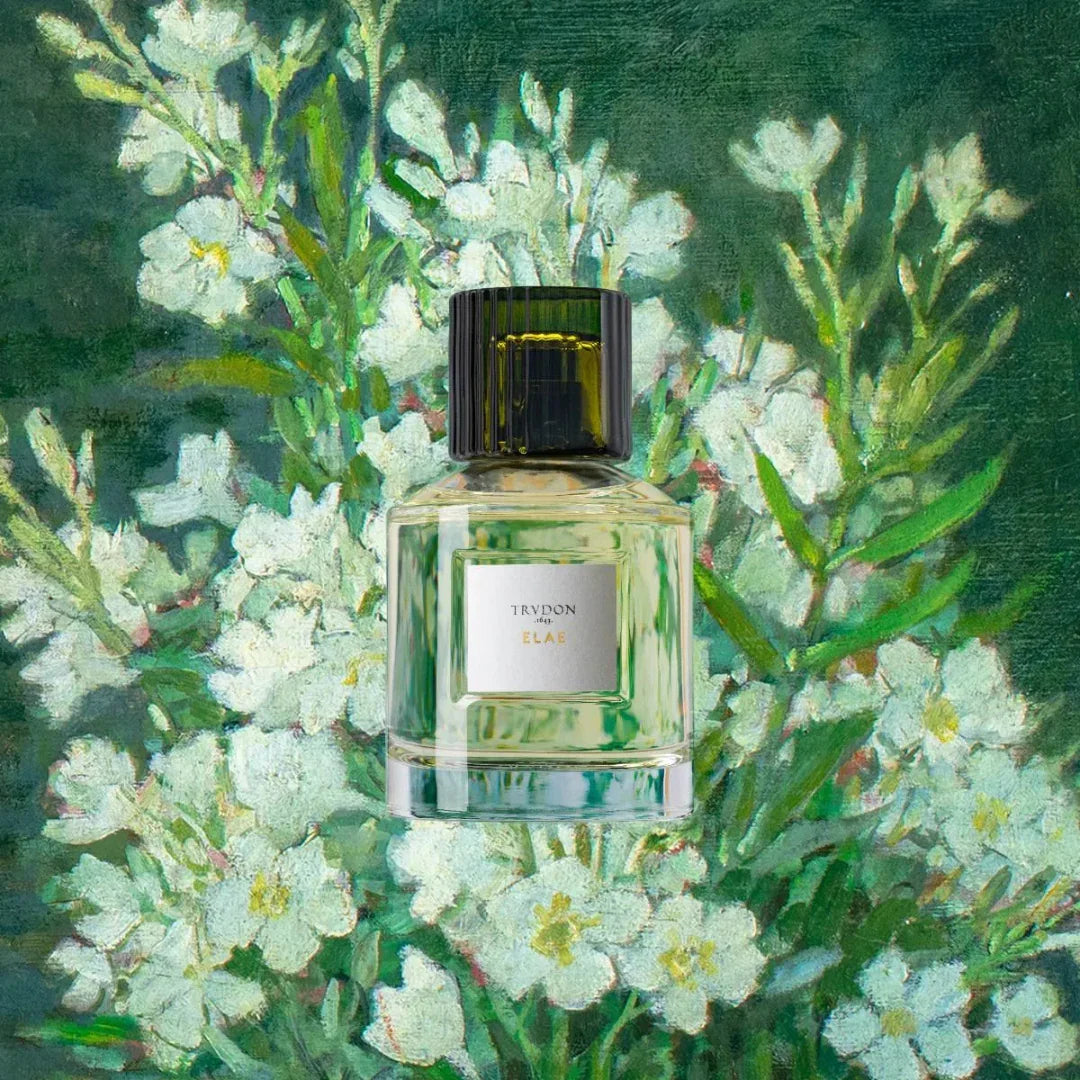 Parfümflakon "ELAE" von Trudon mit schwarzem Verschluss, transparentem Glas und einem Etikett mit dem Marken- und Produktnamen. Vorgestellt von scent amor Spezialist für Nischenduft