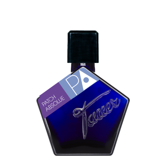 Andy Tauer Patch Absolue Parfum, ikonischer tiefblauer Tauer-Flakon mit violettem Label im markanten geometrischen Design, erhältlich bei scent amor.
