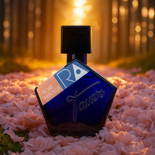 Andy Tauer Rose Absolue Eau de Parfum, dunkelblauer Flakon eingebettet in zarte Rosenblätter bei warmem Sonnenlicht, romantische florale Duftinszenierung, erhältlich bei scent amor.
