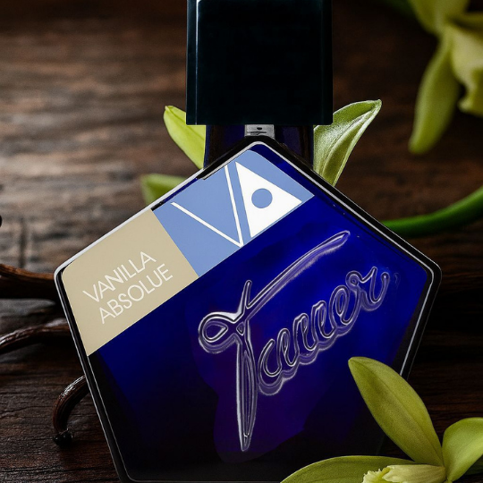 Andy Tauer Vanilla Absolue Eau de Parfum, dunkelblauer Flakon inszeniert mit Vanilleschoten und grünen Blütenelementen, warme gourmandige Duftatmosphäre, erhältlich bei scent amor.