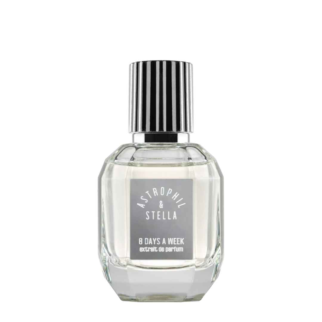 Flakon von Astrophil & Stella 8 Days a Week Extrait de Parfum, eleganter transparenter Duftflakon mit silbernem Verschluss, erhältlich bei scent amor