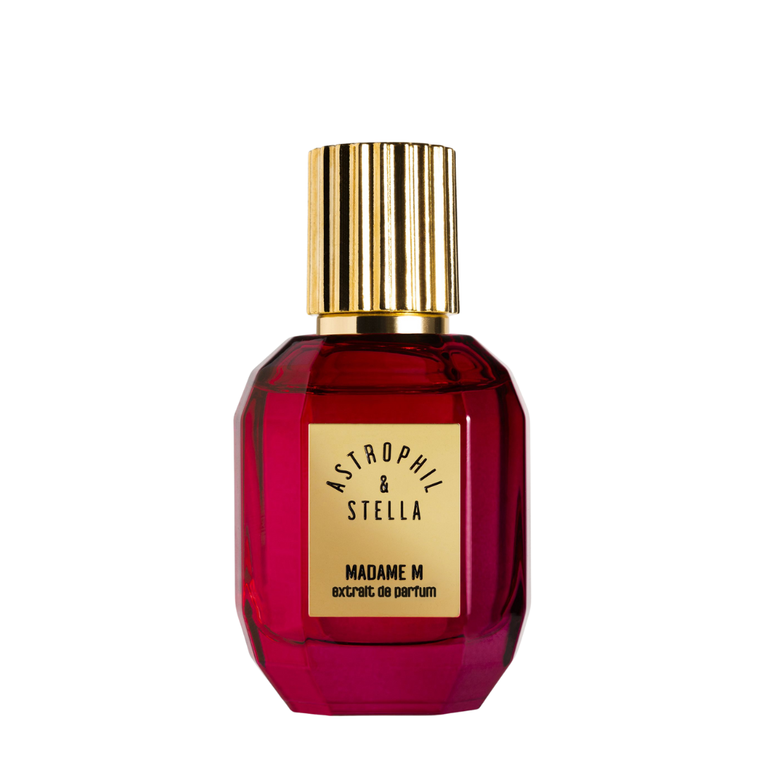 Freigestellter Flakon des Astrophil & Stella Madame M Extrait de Parfum luxuriöser Damenduft im roten Glasflakon mit goldener Kappe erhältlich bei scent amor