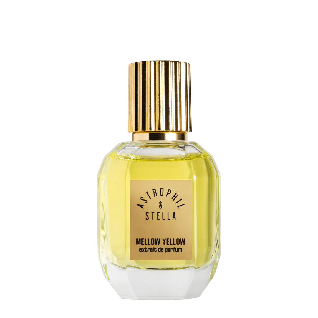 Flakon von Astrophil & Stella Mellow Yellow Extrait de Parfum, edler goldener Duftflakon mit klarer Form, erhältlich bei scent amor
