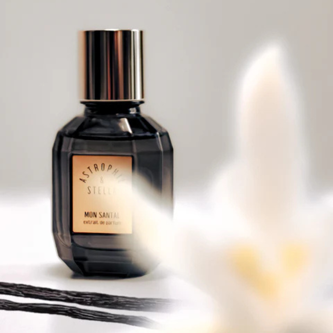 Astrophil & Stella Mon Santal Extrait de Parfum – Flakon hinter einer Vanilleblüte inszeniert, Sinnbild für florale Sinnlichkeit bei scent amor