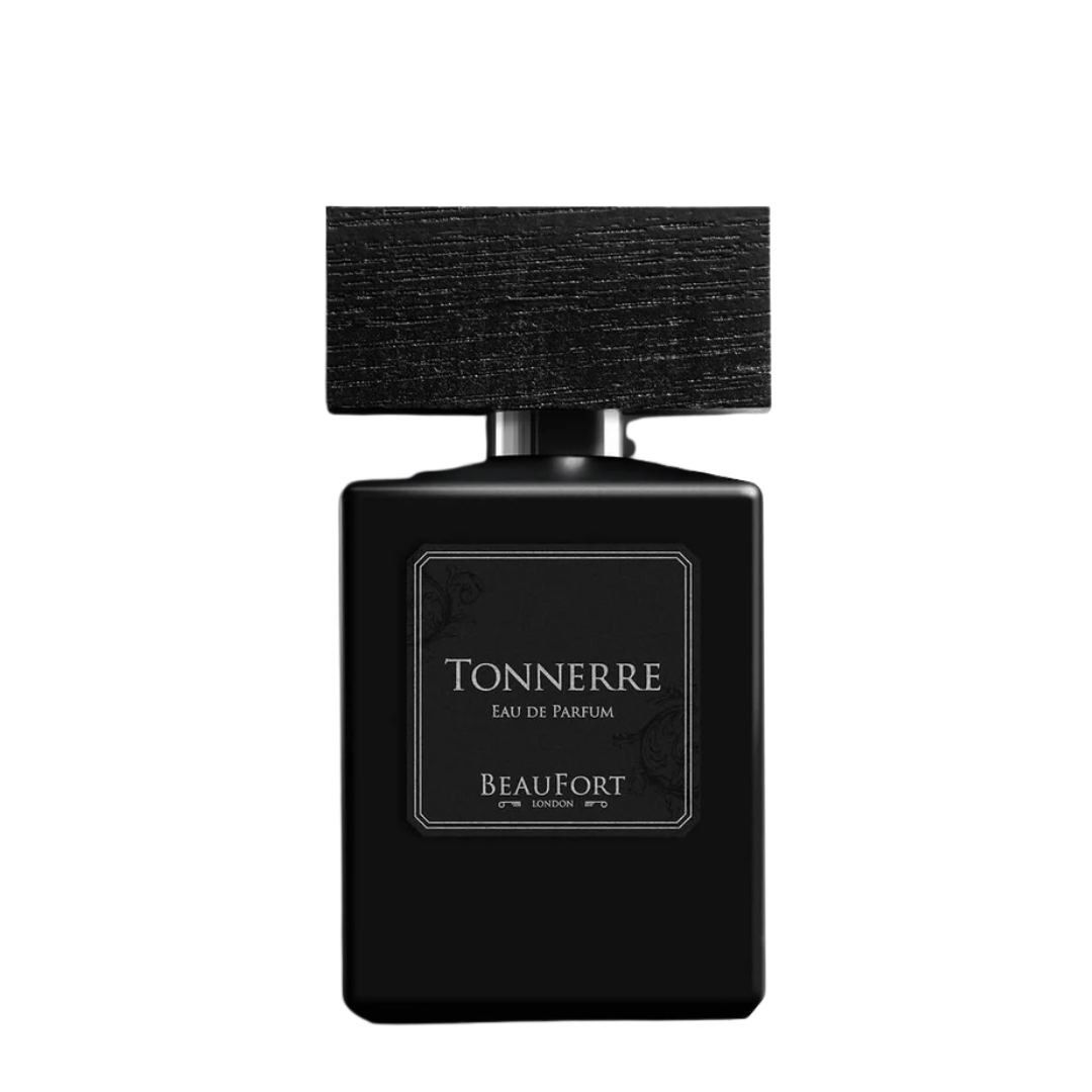 Freigestellter Flakon von BeauFort London 1805 Tonnerre Eau de Parfum, edler schwarzer Duftflakon erhältlich bei scentamor